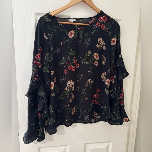 Spense black floral sheer long sleeve ruffle top size large - Picture 1 of 8
